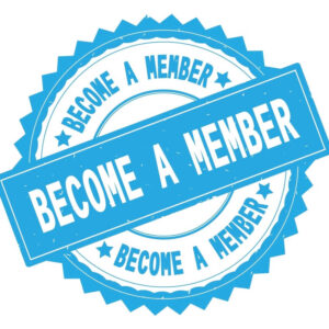 BECOME A MEMBER blue text round stamp, with zig zag border. BECOME A MEMBER blue text round stamp, with zig zag border and vintage texture.
