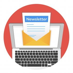 Newsletter Newsletter illustration with laptop isolated round red icon